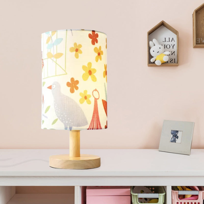 Asian Style Cylinder Reading Light with Bird Wood 1 Light Desk Light for Living Room Flower Clearhalo 'Lamps' 'Table Lamps' Lighting' 198225