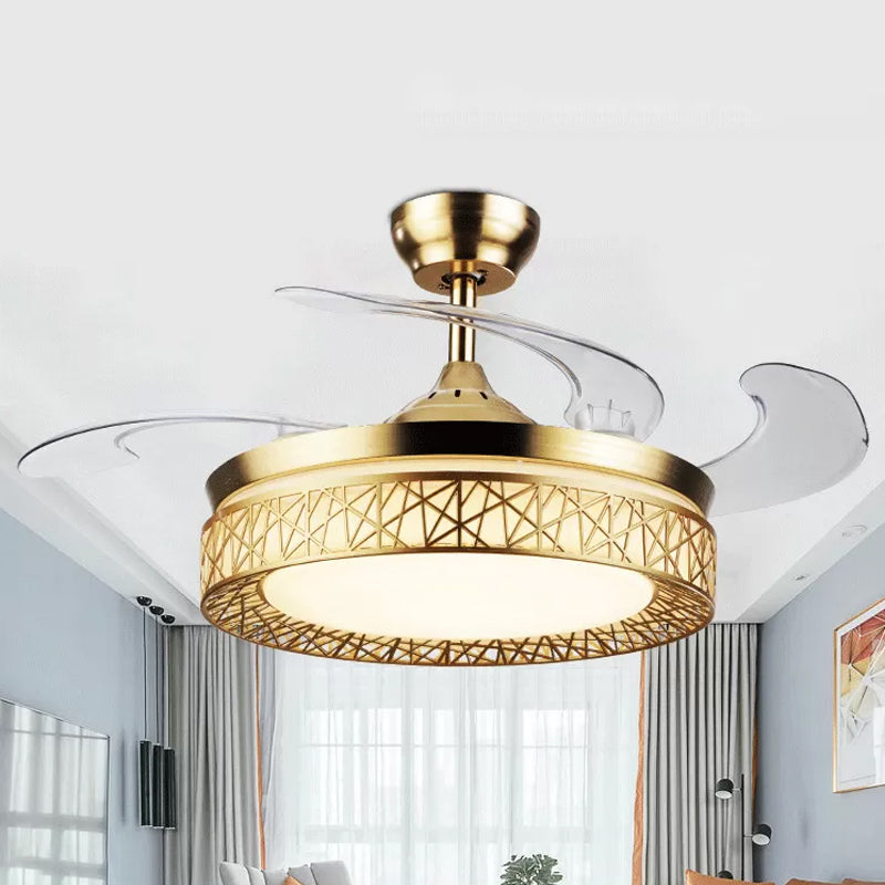 Gold Nest Shaped 4 Blades Semi-Flush Mount Simple LED Metallic Ceiling Fan Light, 19