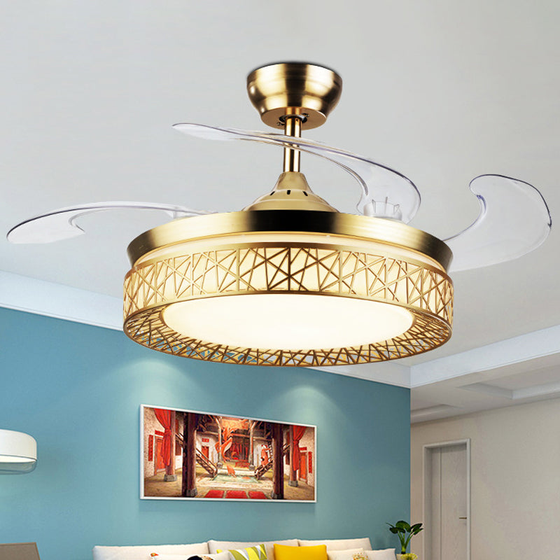 Gold Nest Shaped 4 Blades Semi-Flush Mount Simple LED Metallic Ceiling Fan Light, 19