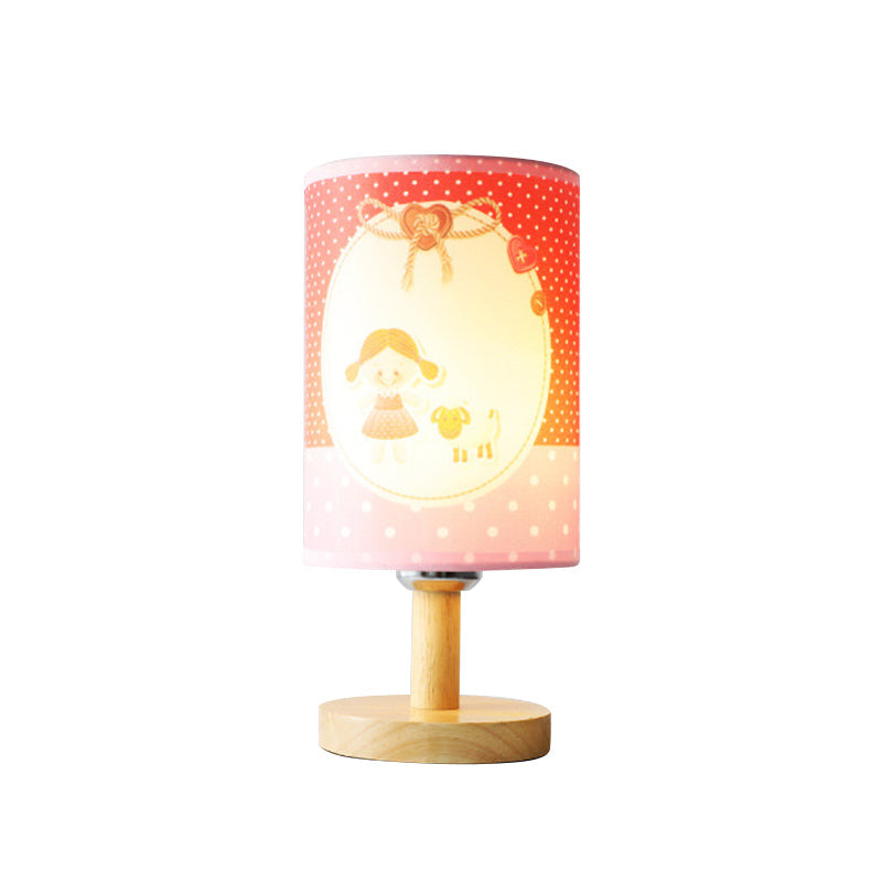 Kids Cylinder Desk Light Fabric and Wood 1 Light Pink Reading Light for Girls Bedroom Clearhalo 'Lamps' 'Table Lamps' Lighting' 198230