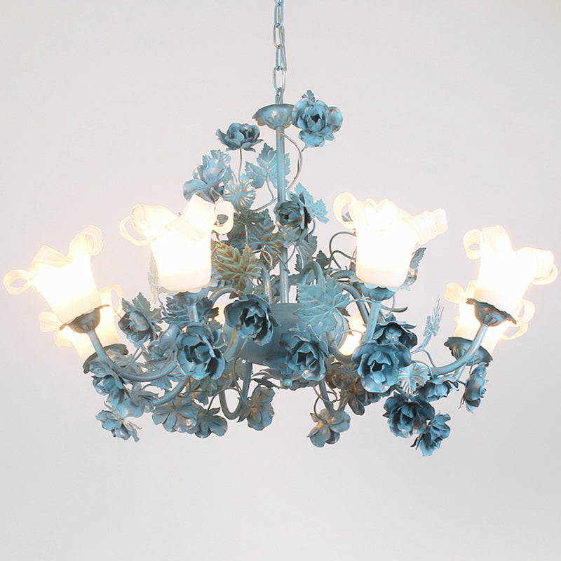 Flower Living Room Chandelier Lamp Korean Garden Milky Frosted Glass 3/5/8-Bulb Blue Hanging Ceiling Light Clearhalo 'Ceiling Lights' 'Chandeliers' Lighting' options 1982313