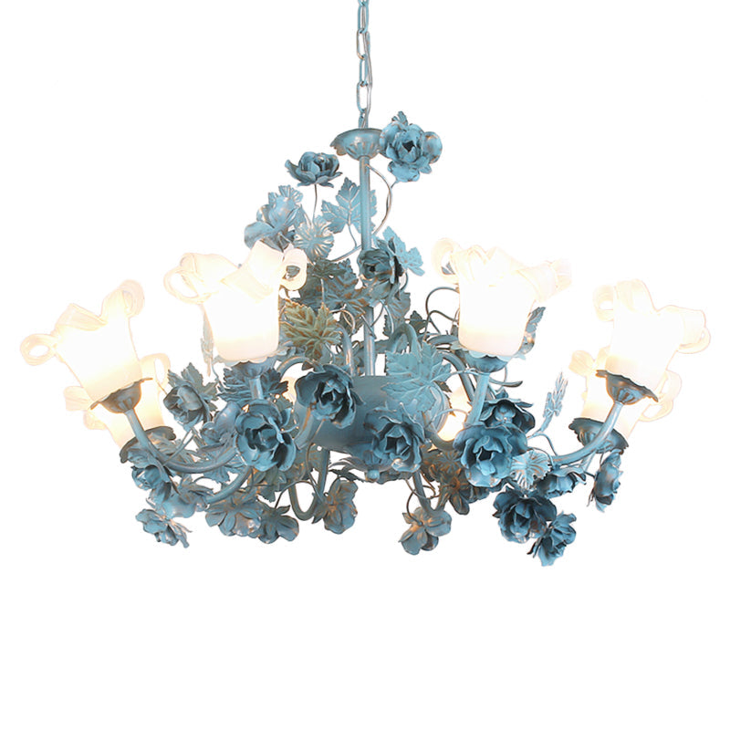 Flower Living Room Chandelier Lamp Korean Garden Milky Frosted Glass 3/5/8-Bulb Blue Hanging Ceiling Light Clearhalo 'Ceiling Lights' 'Chandeliers' Lighting' options 1982315