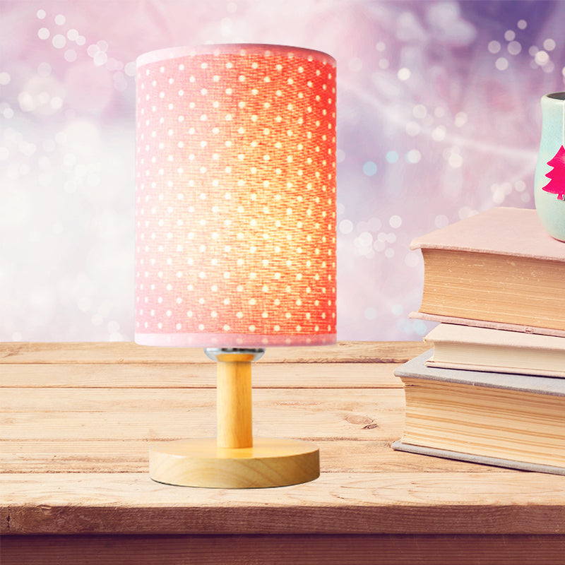 Kids Cylinder Desk Light Fabric and Wood 1 Light Pink Reading Light for Girls Bedroom Wood Spot Clearhalo 'Lamps' 'Table Lamps' Lighting' 198232