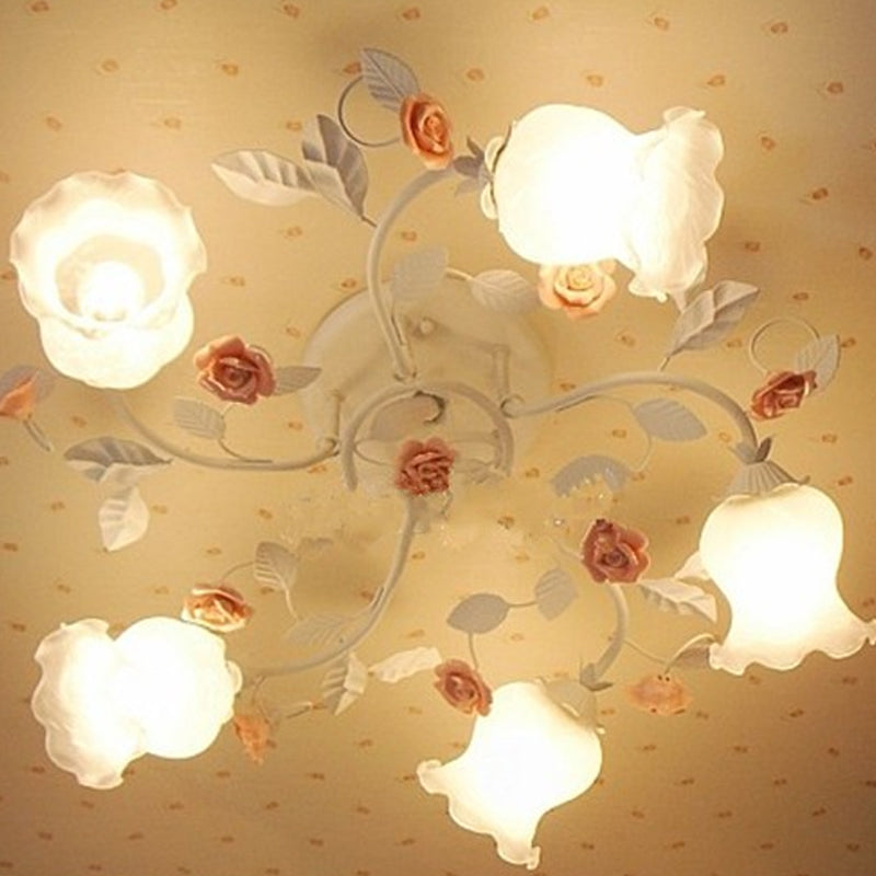 5 Bulbs Semi Flush Mount Korean Garden Floral Frosted White Glass Ceiling Flush Light for Bedroom Clearhalo 'Ceiling Lights' 'Close To Ceiling Lights' 'Close to ceiling' 'Semi-flushmount' Lighting' 1982411