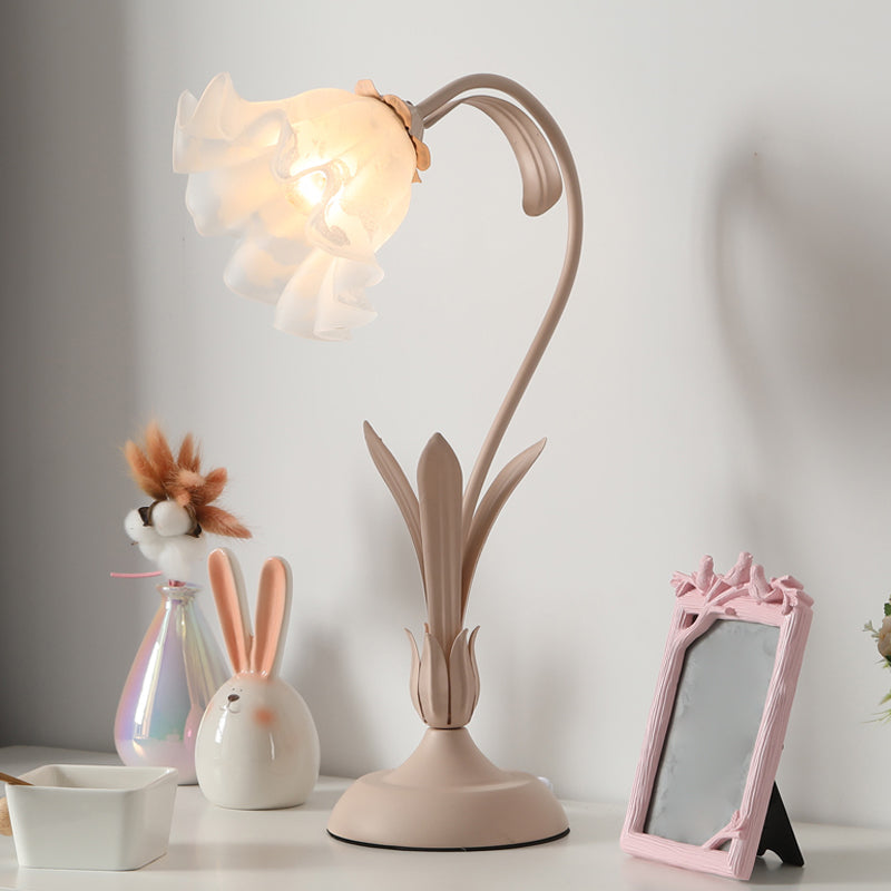 Flower Shape Frosted White Glass Night Lamp Countryside 1-Light Kids Room Table Light in Pink/Green Pink Clearhalo 'Lamps' 'Table Lamps' Lighting' 1982489