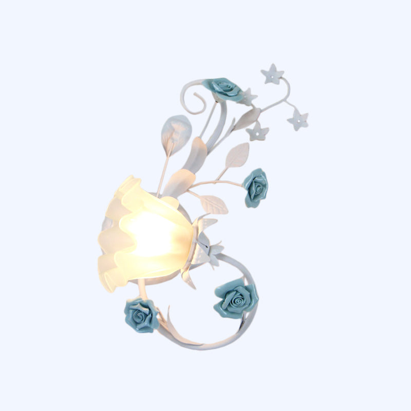 Left/Right Flower Shade Frosted Glass Wall Sconce Countryside 1-Light Bedroom Wall Mount Lamp in White Clearhalo 'Wall Lamps & Sconces' 'Wall Lights' Lighting' 1982517