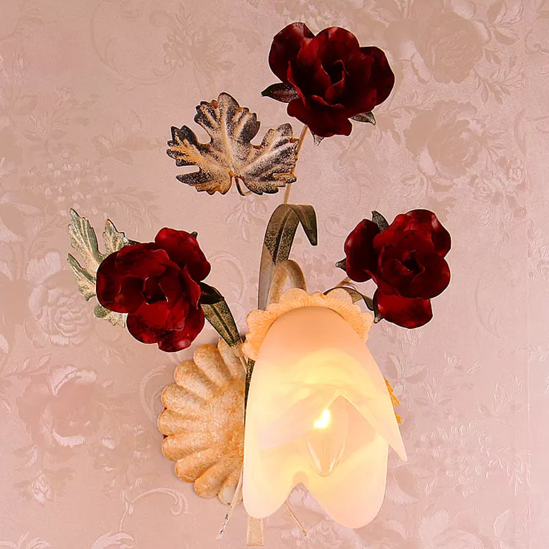 1/2-Light Wall Mounted Light Pastoral Floral Opaline Frosted Glass Wall Sconce in Beige Clearhalo 'Wall Lamps & Sconces' 'Wall Lights' Lighting' 1982525