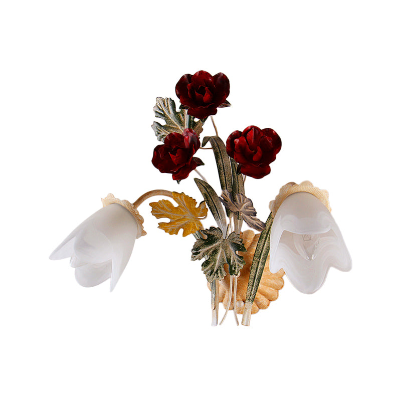 1/2-Light Wall Mounted Light Pastoral Floral Opaline Frosted Glass Wall Sconce in Beige Clearhalo 'Wall Lamps & Sconces' 'Wall Lights' Lighting' 1982532