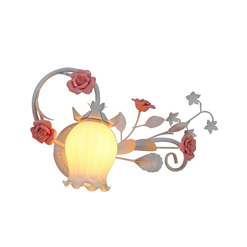 Frosted White Glass Scroll Wall Sconce Lamp Korean Garden 1-Light Bedroom Wall Mounted Light with Rose Deco in Pink/Blue Pink Clearhalo 'Wall Lamps & Sconces' 'Wall Lights' Lighting' 1982550