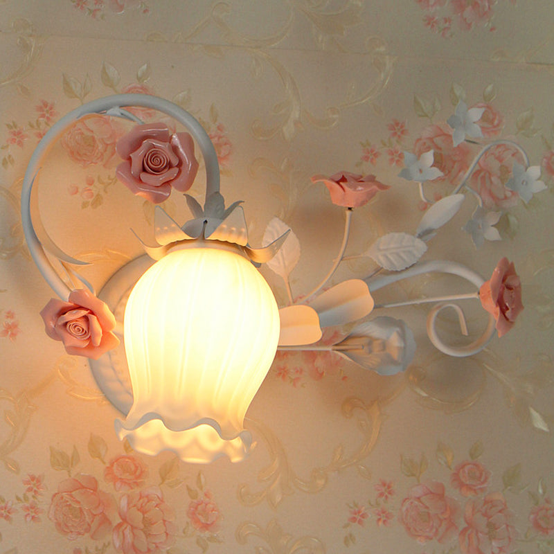 Frosted White Glass Scroll Wall Sconce Lamp Korean Garden 1-Light Bedroom Wall Mounted Light with Rose Deco in Pink/Blue Clearhalo 'Wall Lamps & Sconces' 'Wall Lights' Lighting' 1982551