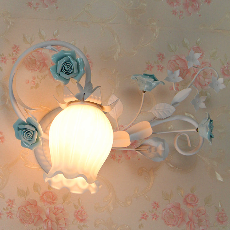 Frosted White Glass Scroll Wall Sconce Lamp Korean Garden 1-Light Bedroom Wall Mounted Light with Rose Deco in Pink/Blue Blue Clearhalo 'Wall Lamps & Sconces' 'Wall Lights' Lighting' 1982553