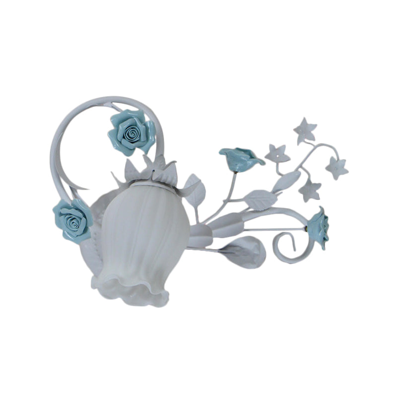 Frosted White Glass Scroll Wall Sconce Lamp Korean Garden 1-Light Bedroom Wall Mounted Light with Rose Deco in Pink/Blue Clearhalo 'Wall Lamps & Sconces' 'Wall Lights' Lighting' 1982554