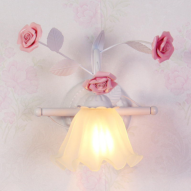 Korean Flower Ruffle Wall Mounted Lamp 1-Light Frosted White Glass Wall Sconce Light in Pink White Clearhalo 'Wall Lamps & Sconces' 'Wall Lights' Lighting' 1982556