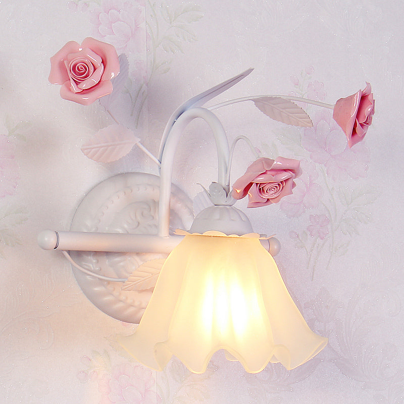 Korean Flower Ruffle Wall Mounted Lamp 1-Light Frosted White Glass Wall Sconce Light in Pink Clearhalo 'Wall Lamps & Sconces' 'Wall Lights' Lighting' 1982557