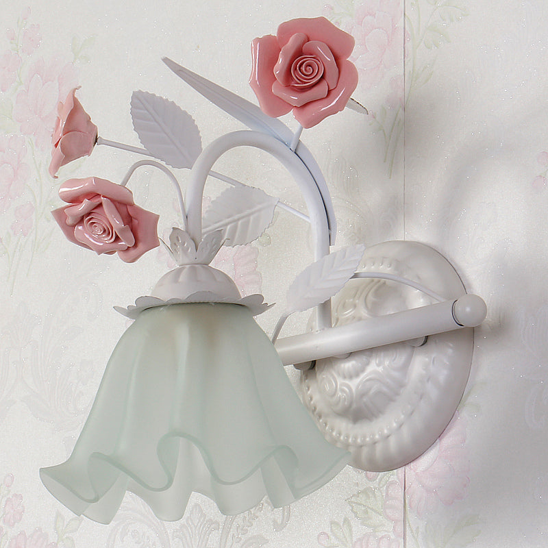 Korean Flower Ruffle Wall Mounted Lamp 1-Light Frosted White Glass Wall Sconce Light in Pink Clearhalo 'Wall Lamps & Sconces' 'Wall Lights' Lighting' 1982558