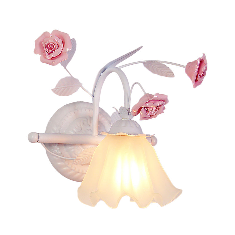 Korean Flower Ruffle Wall Mounted Lamp 1-Light Frosted White Glass Wall Sconce Light in Pink Clearhalo 'Wall Lamps & Sconces' 'Wall Lights' Lighting' 1982559