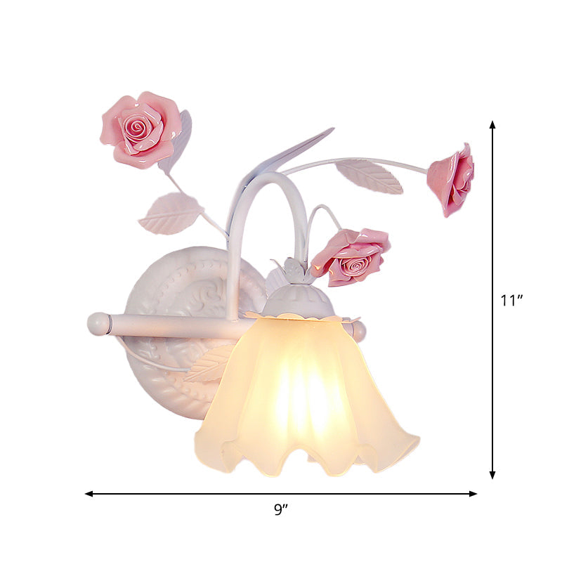 Korean Flower Ruffle Wall Mounted Lamp 1-Light Frosted White Glass Wall Sconce Light in Pink Clearhalo 'Wall Lamps & Sconces' 'Wall Lights' Lighting' 1982561