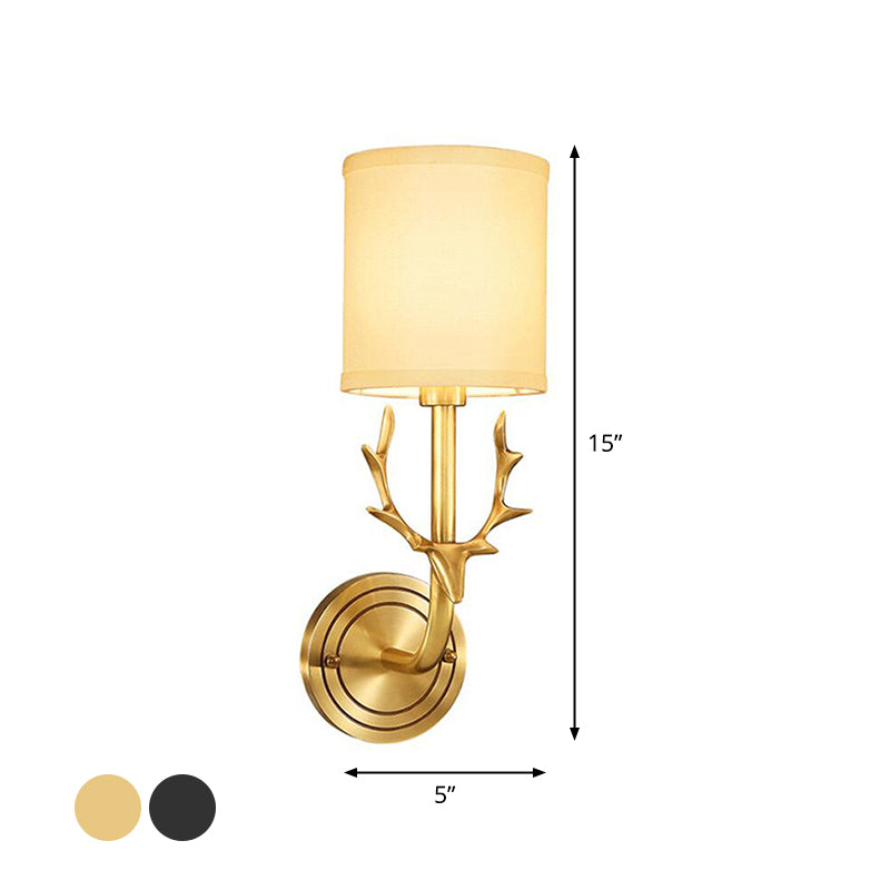 Cylinder Fabric Wall Lamp Fixture Cottage 1 Head Bedroom Wall Light with Stag Head Deco in Black/Gold Clearhalo 'Wall Lamps & Sconces' 'Wall Lights' Lighting' 1982705