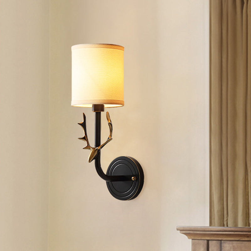 Cylinder Fabric Wall Lamp Fixture Cottage 1 Head Bedroom Wall Light with Stag Head Deco in Black/Gold Black Clearhalo 'Wall Lamps & Sconces' 'Wall Lights' Lighting' 1982706