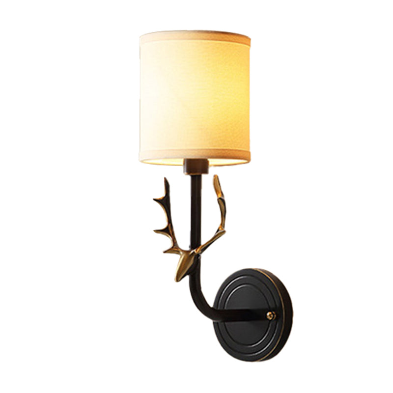 Cylinder Fabric Wall Lamp Fixture Cottage 1 Head Bedroom Wall Light with Stag Head Deco in Black/Gold Clearhalo 'Wall Lamps & Sconces' 'Wall Lights' Lighting' 1982707