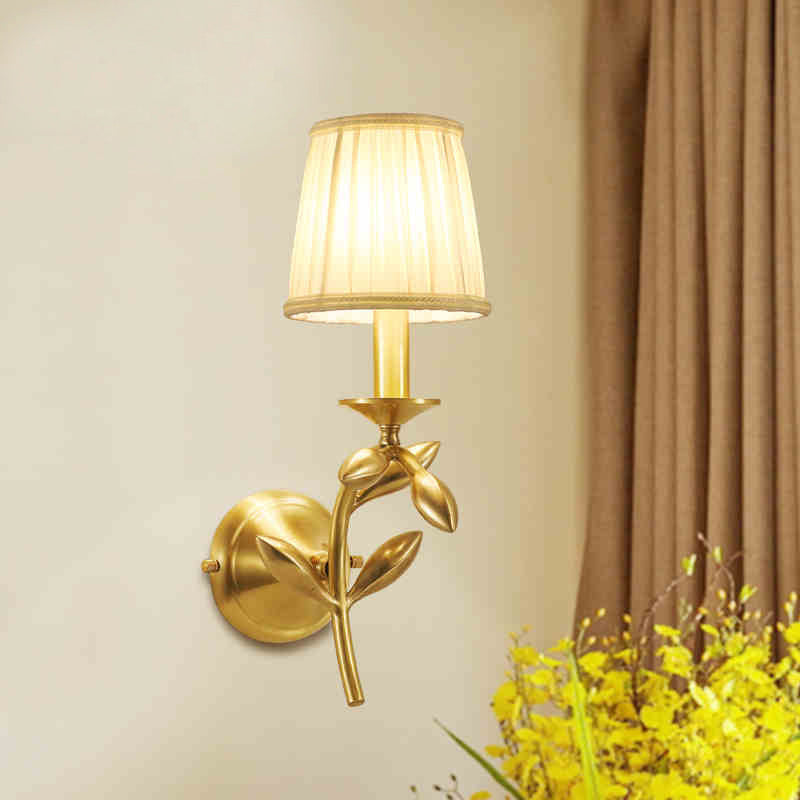 Gold Wheat Branch Wall Light Farmhouse Metal Single Bedroom Wall Mount Fixture with Gathered Fabric Shade Clearhalo 'Wall Lamps & Sconces' 'Wall Lights' Lighting' 1982709