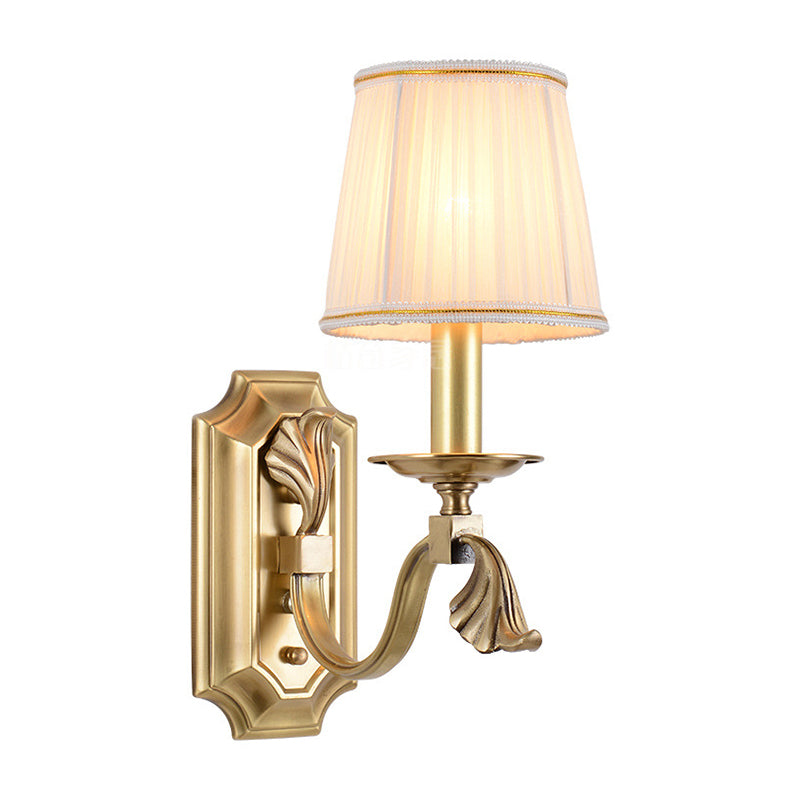 Pleated Fabric Cone Wall Light Traditional 1/2-Bulb Living Room Wall Sconce with Arm in Gold 1.0 Gold Clearhalo 'Wall Lamps & Sconces' 'Wall Lights' Lighting' 1982746