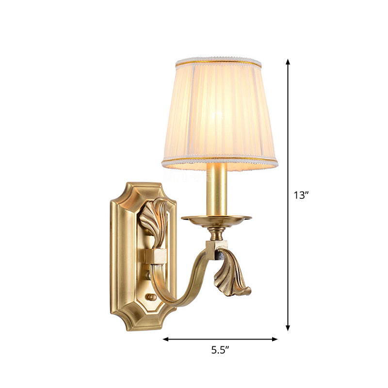 Pleated Fabric Cone Wall Light Traditional 1/2-Bulb Living Room Wall Sconce with Arm in Gold Clearhalo 'Wall Lamps & Sconces' 'Wall Lights' Lighting' 1982748