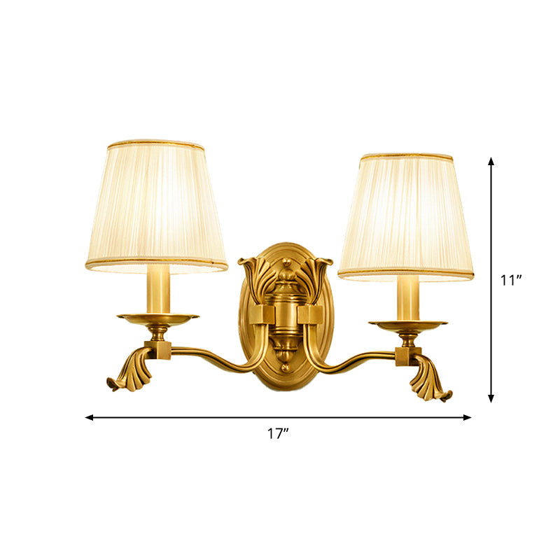 Pleated Fabric Cone Wall Light Traditional 1/2-Bulb Living Room Wall Sconce with Arm in Gold Clearhalo 'Wall Lamps & Sconces' 'Wall Lights' Lighting' 1982752