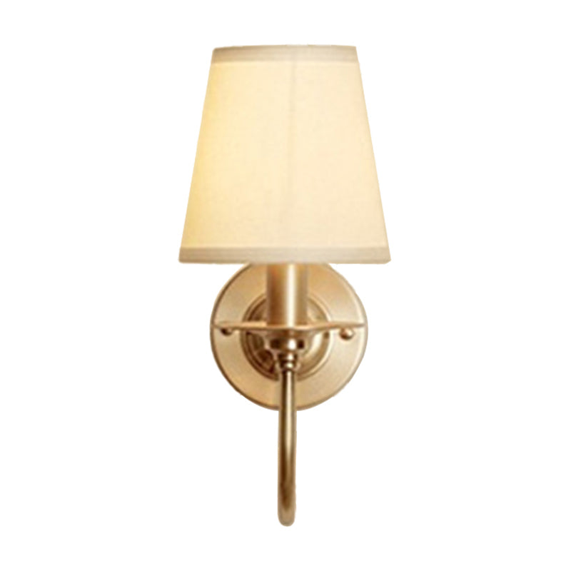 1-Light Cone Wall Mounted Light Traditional White Fabric Wall Lamp with Swoop Arm in Gold Clearhalo 'Wall Lamps & Sconces' 'Wall Lights' Lighting' 1982775