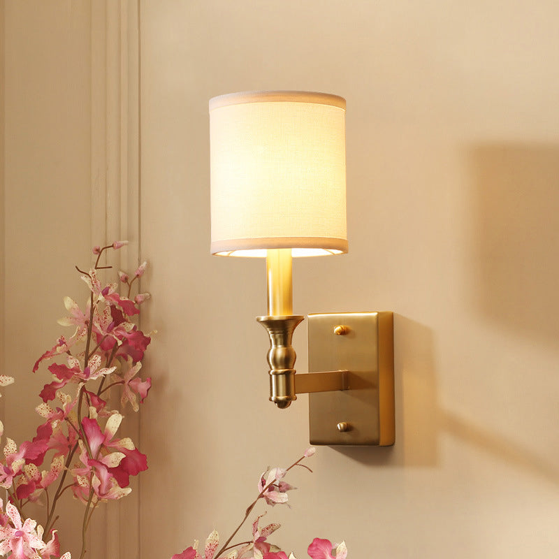 Cylindrical Fabric Wall Light Kit Simplicity 1-Light Bedroom Wall Mount Lighting in Gold Clearhalo 'Wall Lamps & Sconces' 'Wall Lights' Lighting' 1982784