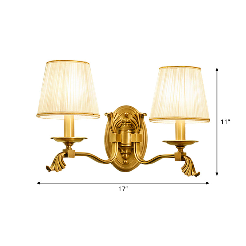 Candle Bedside Wall Lighting Rustic Metal 1/2-Light Gold Wall Mount Lamp with Cone Pleated Fabric Shade Clearhalo 'Wall Lamps & Sconces' 'Wall Lights' Lighting' 1982821