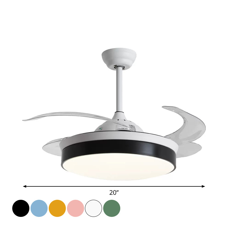 4-Blade Nordic Drum LED Semi Flush Ceiling Light Acrylic Living Room Hanging Fan Lamp, 20