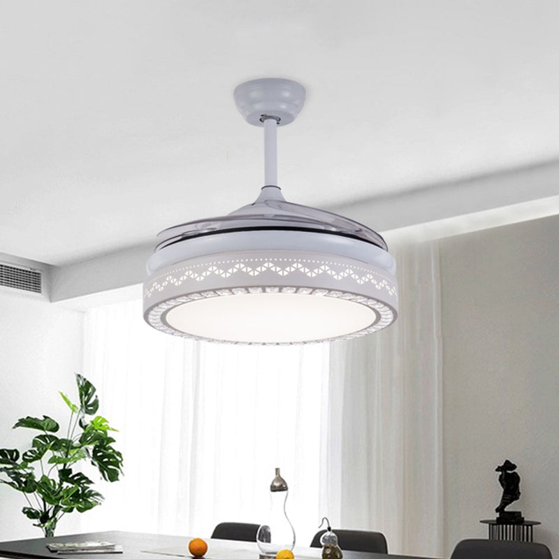 4-Blade Modernist LED Semi Flush Ceiling Light White Hollow-out Round Pendant Fan Lamp with Acrylic Shade, 19