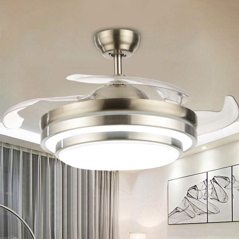 Modern LED Ceiling Fan Light Silver Layered Round 4-Blade Semi Flush with Acrylic Shade, 19