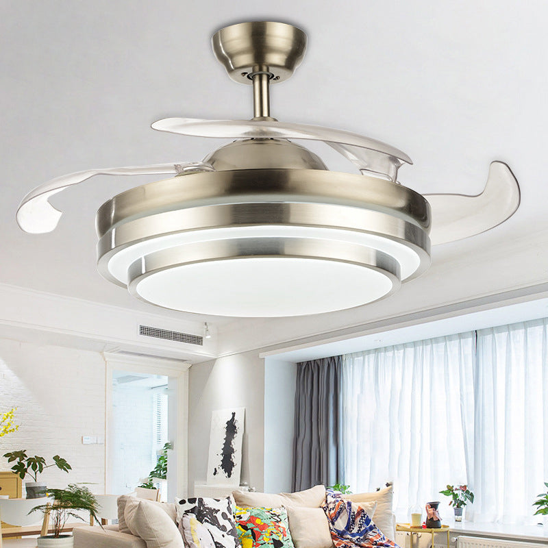 Modern LED Ceiling Fan Light Silver Layered Round 4-Blade Semi Flush with Acrylic Shade, 19