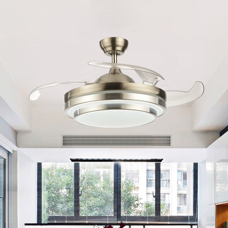 Modern LED Ceiling Fan Light Silver Layered Round 4-Blade Semi Flush with Acrylic Shade, 19