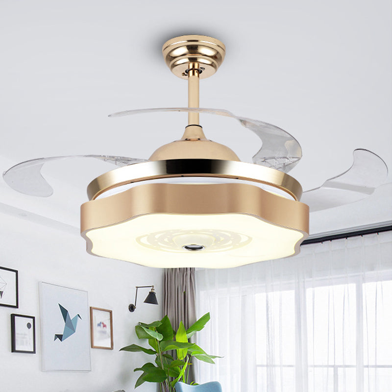 4-Blade LED Bedroom Pendant Fan Light Modern Gold Semi Mount Lighting with Petal Acrylic Shade, 19