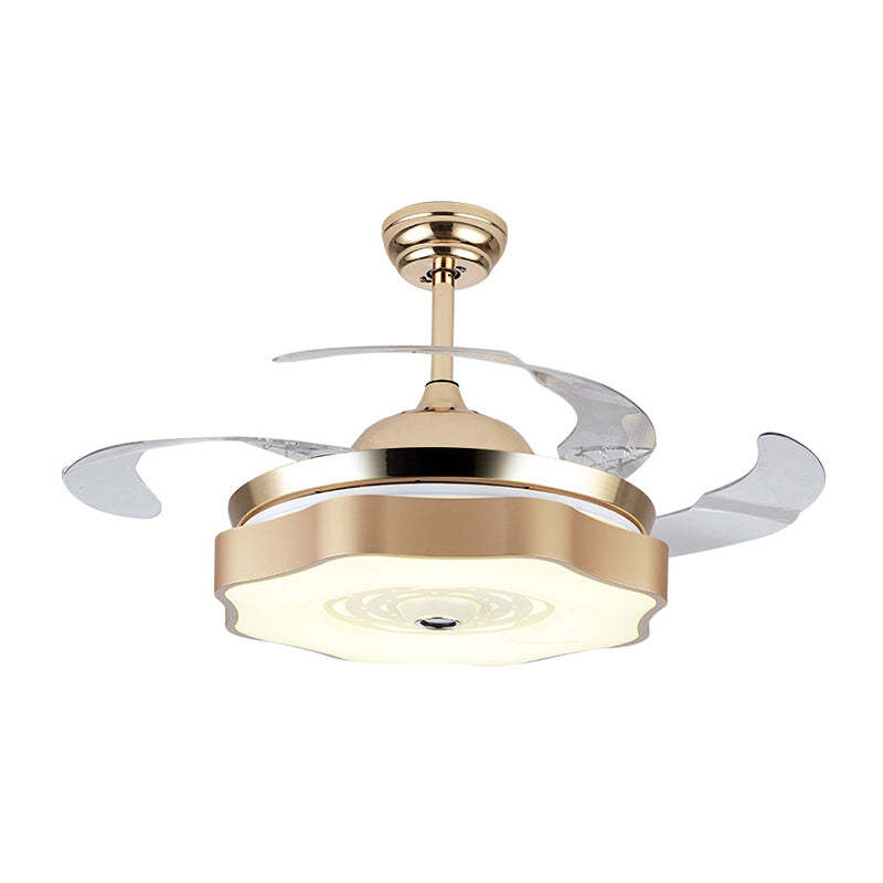 4-Blade LED Bedroom Pendant Fan Light Modern Gold Semi Mount Lighting with Petal Acrylic Shade, 19