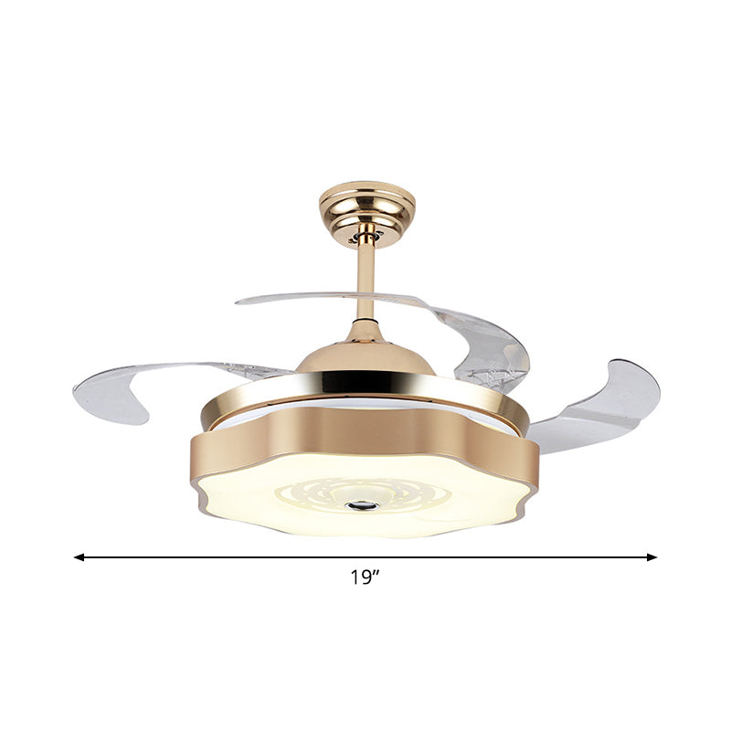 4-Blade LED Bedroom Pendant Fan Light Modern Gold Semi Mount Lighting with Petal Acrylic Shade, 19