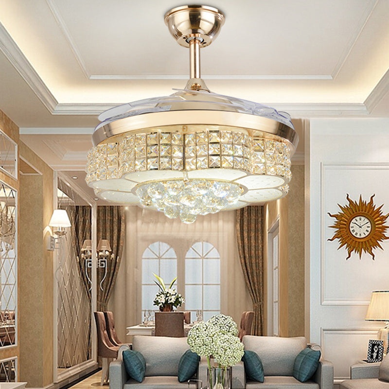 4-Blade Minimal Floral Ceiling Fan Light Crystal Encrusted Living Room LED Semi Flush, 19