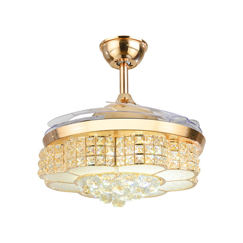 4-Blade Minimal Floral Ceiling Fan Light Crystal Encrusted Living Room LED Semi Flush, 19