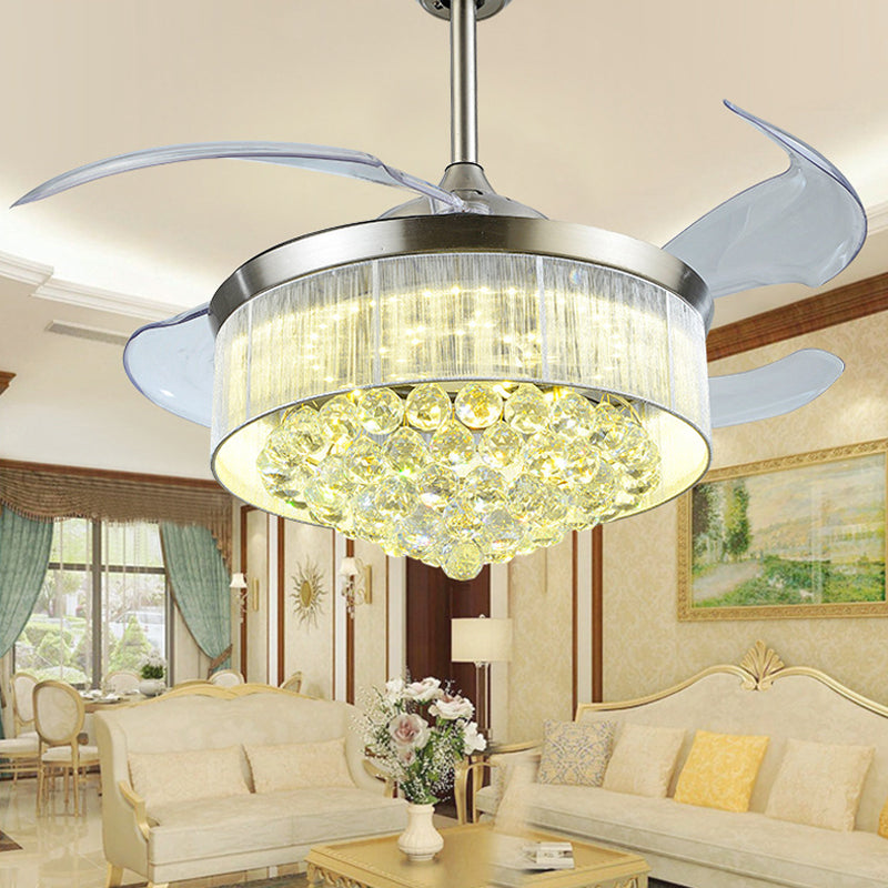 4-Blade Tapered Living Room Ceiling Fan Light Faceted Crystal LED Simplicity Semi Mount Lighting, 19