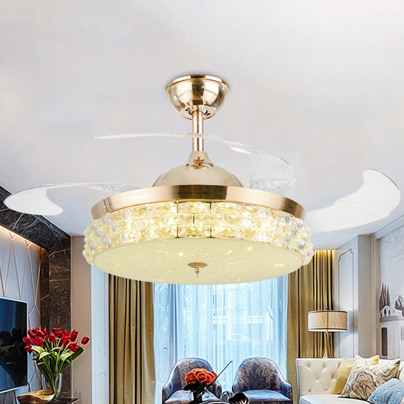 4-Blade LED Bedroom Pendant Fan Lamp Fixture Modern Gold Semi Flush Mount Light with Round Beveled Crystal Shade, 19
