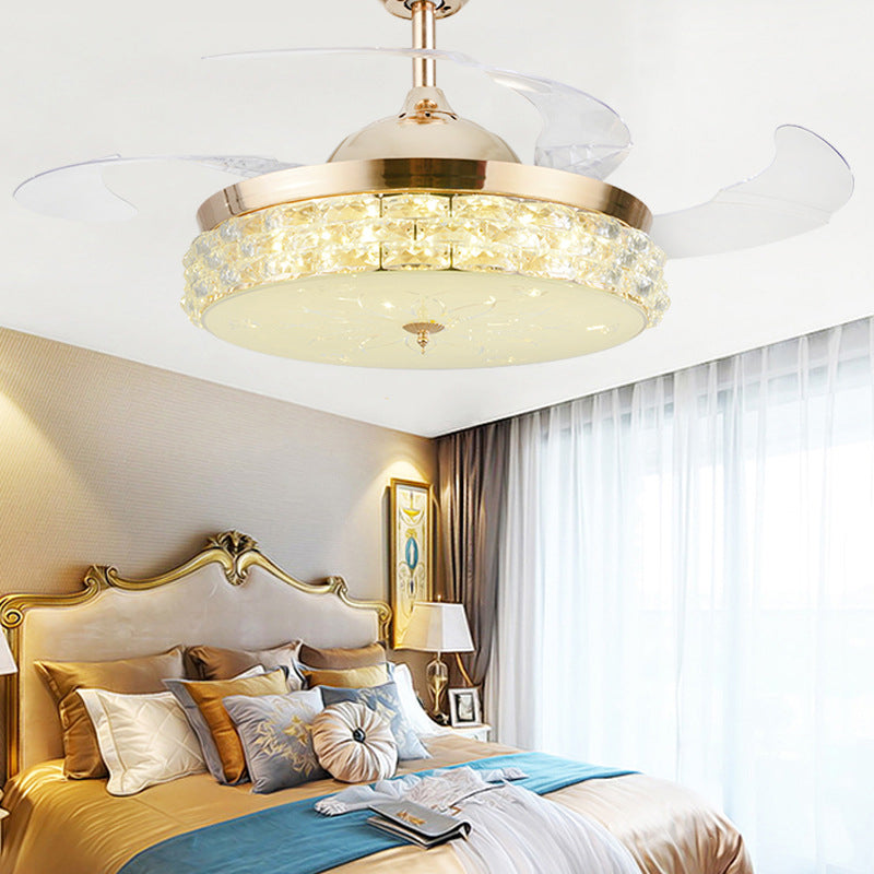 4-Blade LED Bedroom Pendant Fan Lamp Fixture Modern Gold Semi Flush Mount Light with Round Beveled Crystal Shade, 19