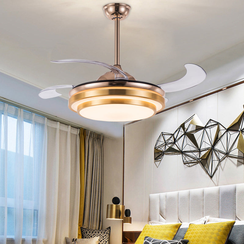 Tiered Round Metal 4 Blades Semi Flush Light Modernism LED Ceiling Fan Lamp for Dining Room, 19