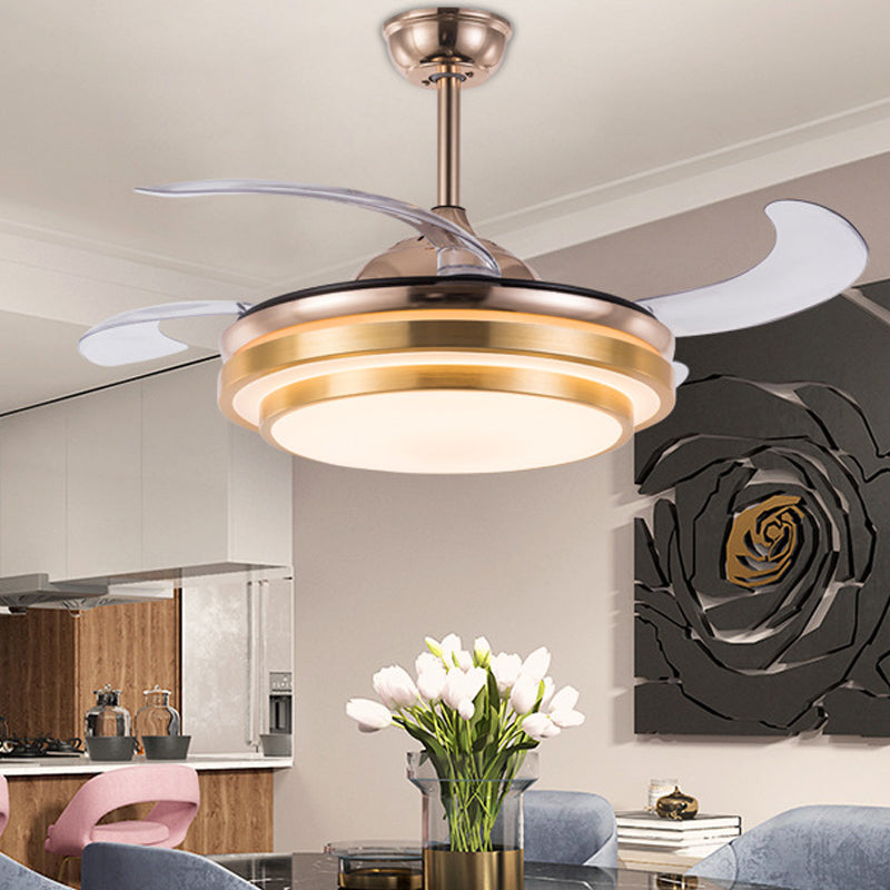 Tiered Round Metal 4 Blades Semi Flush Light Modernism LED Ceiling Fan Lamp for Dining Room, 19