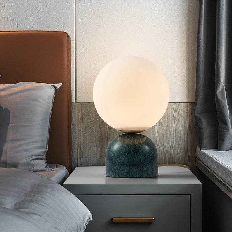 Simple Ball Night Stand Light Milky Glass 1 Head Bedside Table Lamp with Black/White/Green Marble Pedestal Green Clearhalo 'Lamps' 'Table Lamps' Lighting' 1983576