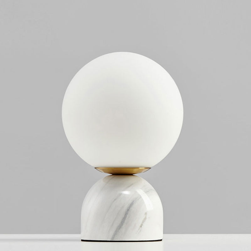 Simple Ball Night Stand Light Milky Glass 1 Head Bedside Table Lamp with Black/White/Green Marble Pedestal Clearhalo 'Lamps' 'Table Lamps' Lighting' 1983581