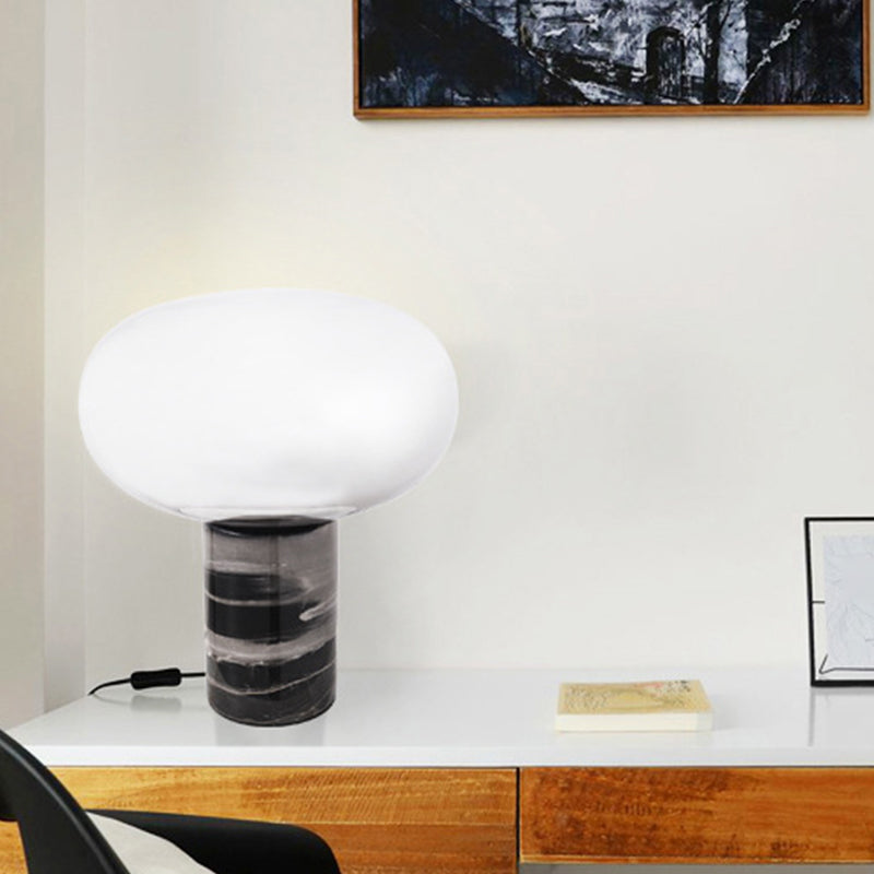 Ellipse Living Room Table Light White/Amber Glass Single Postmodern Night Lamp with Marble Pedestal in Black White Clearhalo 'Lamps' 'Table Lamps' Lighting' 1983614