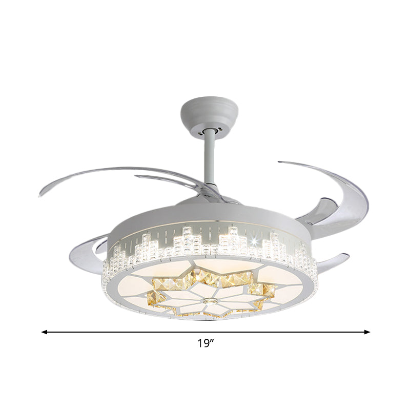 Nordic Round 4-Blade Semi Flush Light Fixture Crystal Living Room LED Hanging Fan Lamp in White, 19